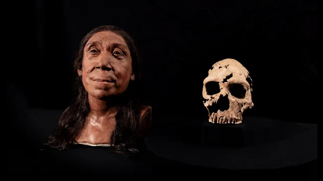 Shanidar Z'nin yeniden oluşturulan kafası, yaklaşık 75.000 yıl önce yaşamış bir Neandertal kadınını gösteriyor. (Görsel: Cambridge Üniversitesi; BBC Studios/Jamie Simonds)